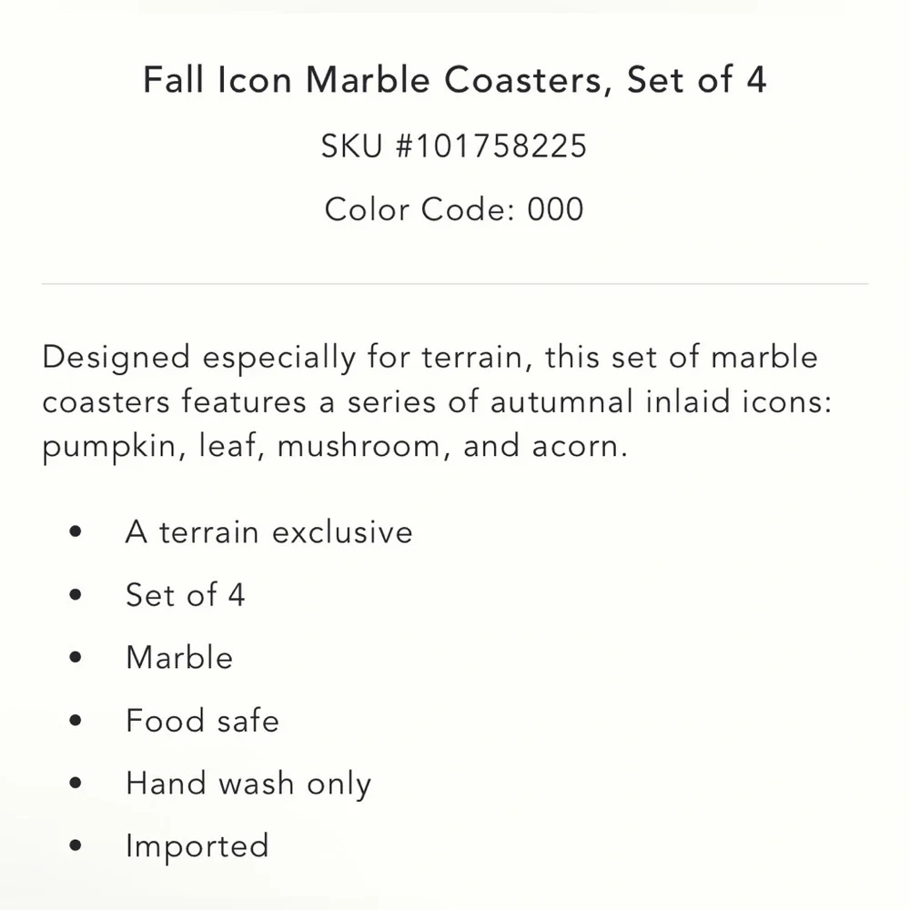 Anthropologie Terrain Fall Icon Marble Coasters, Set of 4 NEW
